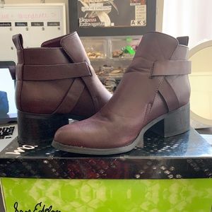 Mia burgundy booties with gunmetal straps